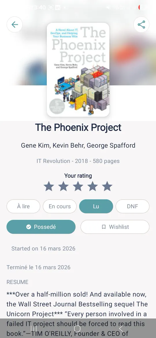 La fiche de « The Phoenix Project » : couverture, auteurs, éditeur, année et nombre de pages ; cinq étoiles de note ; les statuts À lire, En cours, Lu, DNF ; les boutons Possédé et Wishlist ; les dates de début et de fin ; le résumé.