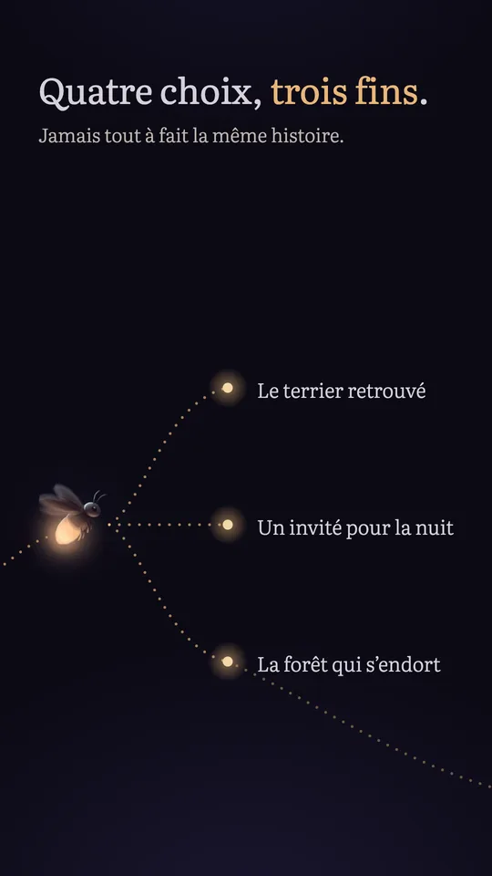 « Quatre choix, trois fins. Jamais tout à fait la même histoire. » Le chemin de la luciole se partage vers trois fins : le terrier retrouvé, un invité pour la nuit, la forêt qui s’endort.