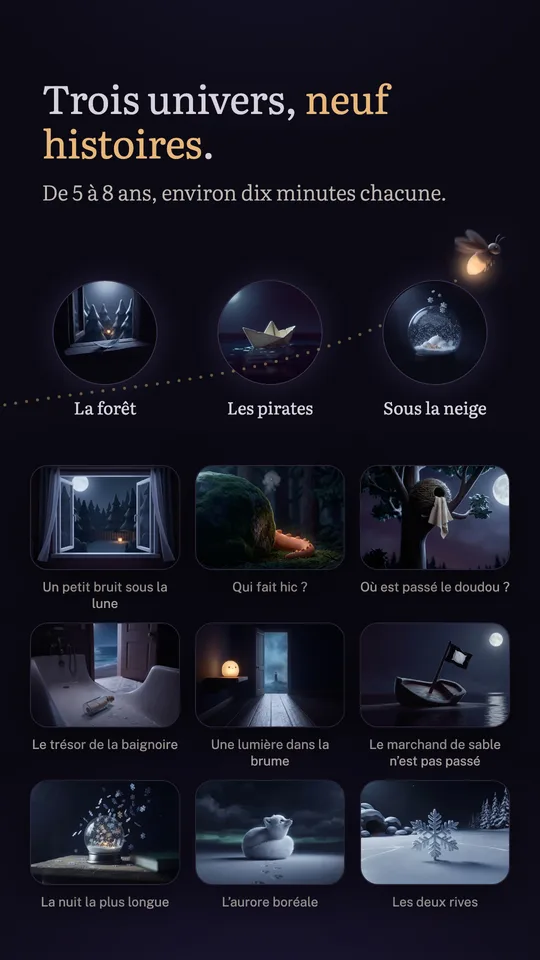 « Trois univers, neuf histoires. De 5 à 8 ans, environ dix minutes chacune. » Les médaillons de la forêt, des pirates et de la neige, et les vignettes des neuf histoires.